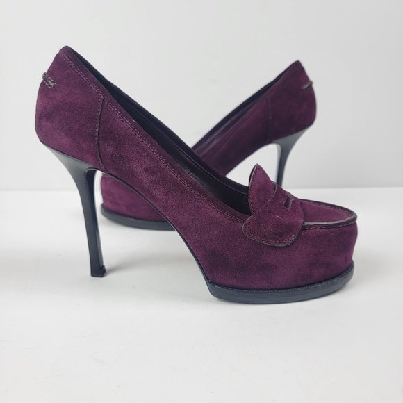 Yves Saint Laurent Shoes - YSL Purple Suede Tribtoo Loafer Stiletto Platform Pumps Womens EU 36/US 5